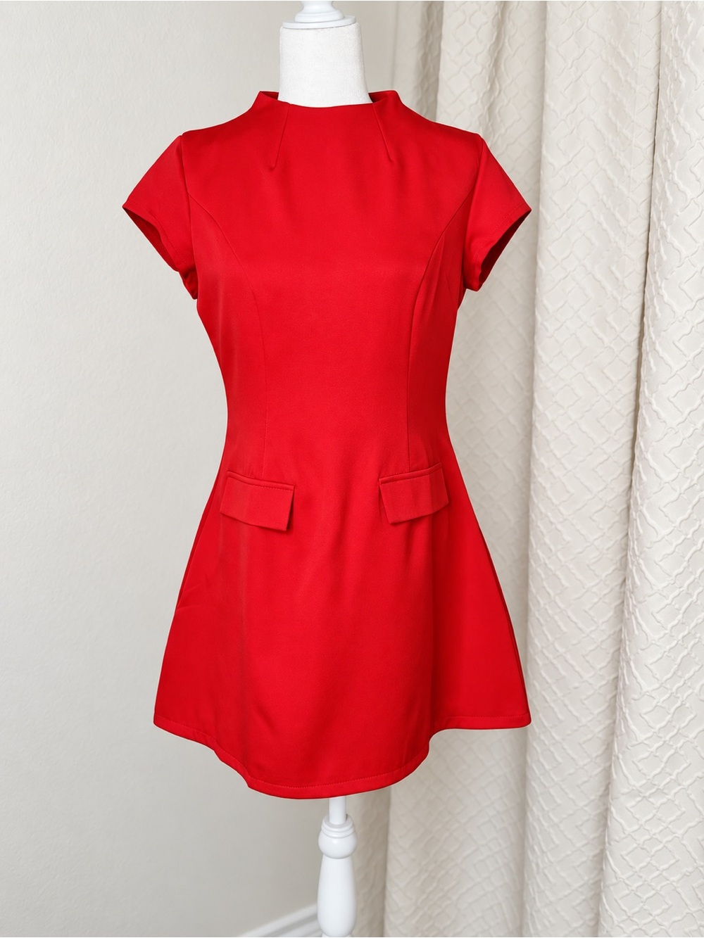 Red Fit-and-Flare Short Sleeve Dress